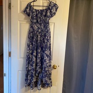 Blue floral dress.